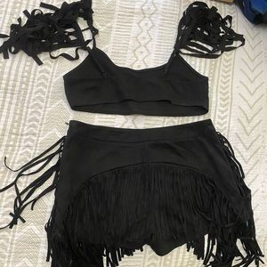 Faux suede fringe top and shorts set
